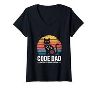 Femme Code Dad Cat on Keyboard Edition Retro Cat T-Shirt avec Col en V
