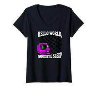 Femme Coder Hello World Goodbye Sleep Computer Science Retro T-Shirt avec Col en V
