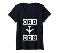 Femme Codes de vol ORD vers CDG Chicago Paris T-Shirt avec Col en V