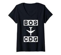 Femme Codes des Vols BOS vers CDG Boston Paris T-Shirt avec Col en V
