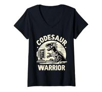Femme Codesaur Warrior Programmeur Dinosaure rétro |||- T-Shirt avec Col en V