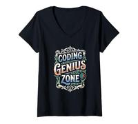 Femme Coding Genius Zone Coder Programmer Joke Humour Software T-Shirt avec Col en V