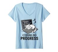 Femme Coding in Progress - Programmateur décontracté avec un chat qui fait la sieste T-Shirt avec Col en V