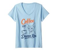 Femme Coffee and Devon Rex Cadeau Vintage pour Amoureux des Chats T-Shirt avec Col en V