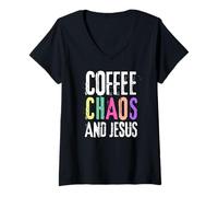 Femme Coffee Chaos And Jesus Christ Christian Religious Love Faith T-Shirt avec Col en V