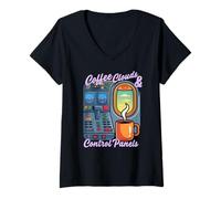 Femme Coffee Clouds and Control Panels T-Shirt avec Col en V