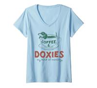 Femme « Coffee & Doxies My Kind of Morning » Wiener Dog Lover Funny T-Shirt avec Col en V