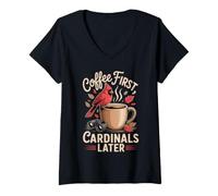 Femme Coffee First Cardinals Later Cardinal café Ornitho T-Shirt avec Col en V