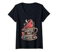 Femme Coffee First Cardinals Later Cardinal Rouge Drôle T-Shirt avec Col en V