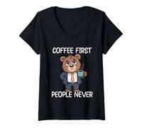 Femme Coffee First People Never T-Shirt avec Col en V