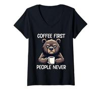 Femme Coffee First People Never T-Shirt avec Col en V