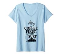 Femme Coffee First Then Surf Fun Beach Wave Planche de Surf Ocean Lover T-Shirt avec Col en V