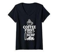 Femme Coffee First Then Surf Fun Beach Wave Planche de Surf Ocean Lover T-Shirt avec Col en V