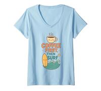 Femme Coffee First Then Surf Planche de Surf Motif Vague T-Shirt avec Col en V
