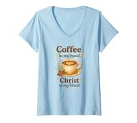 Femme Coffee in My Hand Christ in My Heart Watercolor Christian T-Shirt avec Col en V