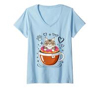 Femme Coffee Norwegian Forest Cat Donut T-Shirt avec Col en V