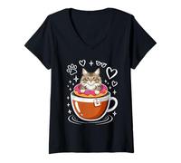 Femme Coffee Norwegian Forest Cat Donut T-Shirt avec Col en V