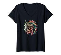Femme Coiffe colorée en Forme de tête de Mort Indienne T-Shirt avec Col en V