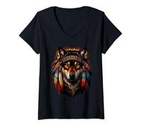 Femme Coiffe Indienne en Plumes de Loup T-Shirt avec Col en V
