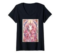 Femme Coiffure Rose Licorne avec Fleurs mystiques T-Shirt avec Col en V