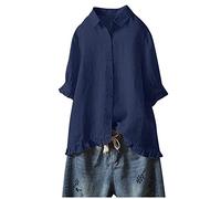 Femme Col en V Coton Lin avec Boutonné Chemise Cardigan à Boutons Décontracté à Manches 3/4 pour Femmes Casual Lâche Blouse Ample Coton et Lin Chic et Élégant Couleur Unie Tops Casual Ample