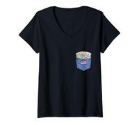 Femme Coll Jeanse Pocket with USA Flag Illustration Graphic Design T-Shirt avec Col en V