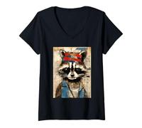 Femme Collage Abstrait élégant Raton Laveur T-Shirt avec Col en V