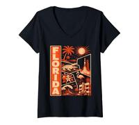 Femme Collage de Monuments Vintage de la Florida Sunshine State Pride T-Shirt avec Col en V