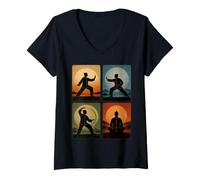 Femme Collage de Tai Chi Rétro Coucher de Soleil Spirituel Wellness Arts Martiaux T-Shirt avec Col en V