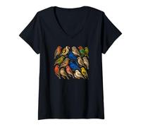 Femme Collage d'espèces d'oiseaux de pinson, nature sauvage, impression artistique T-Shirt avec Col en V