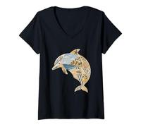Femme Collage d'été Dauphin côtier Art méditerranéen Animal T-Shirt avec Col en V