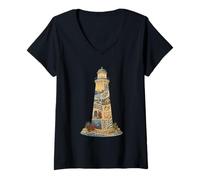 Femme Collage d'été du Phare côtier méditerranéen T-Shirt avec Col en V