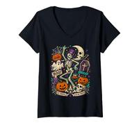 Femme Collage d'halloween Effrayant Squelette de la Citrouille fantôme T-Shirt avec Col en V