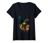 Femme Collage d'oiseaux de Pinson, chardonneret, zèbre réaliste T-Shirt avec Col en V