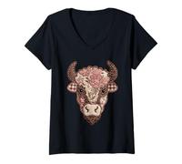 Femme Collage Floral et Animal en Patchwork Confortable avec Motif de Bison T-Shirt avec Col en V