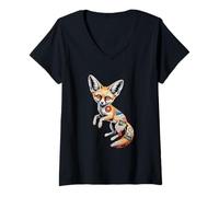 Femme Collage Journal Art Fennec Renard T-Shirt avec Col en V