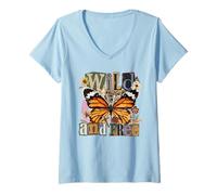Femme Collage Papillon monarque Art Nature vieillie T-Shirt avec Col en V