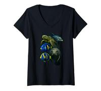Femme Collage Ultra réaliste de Tortue de mer, Dauphin et Poisson de récif T-Shirt avec Col en V