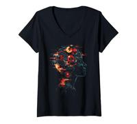 Femme Collecteur de disques Vinyle DJ Retro Music Lover Glitch Art T-Shirt avec Col en V