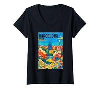 Femme Coloré Barcelone Espagne Gaudí Park & Sagrada Familia Voyage T-Shirt avec Col en V