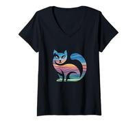 Femme Coloré Coucher De Soleil Vagues Chat Silhouette Océan Feline T-Shirt avec Col en V