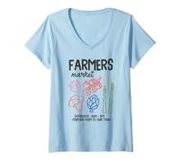 Femme Coloré Farmers Market Veggies and Fruit Art dessiné à la main T-Shirt avec Col en V