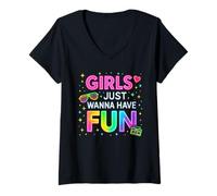 Femme Coloré inspiré des années 80 Girls Just Wanna Have Fun Throwback T-Shirt avec Col en V