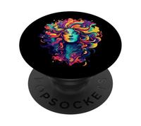 Femme colorée. Cheveux Sauvages, Beaucoup de Couleurs, Arc-en-Ciel Prisme PopSockets PopGrip Adhésif