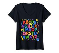 Femme Colorful Alphabet ABC Teacher Classroom Letters T-Shirt avec Col en V