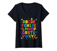 Femme Colorful Alphabet ABC Teacher Classroom Letters T-Shirt avec Col en V