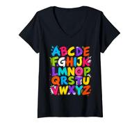 Femme Colorful Alphabet ABC Teacher Classroom Letters T-Shirt avec Col en V