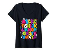 Femme Colorful Alphabet ABC Teacher Classroom Letters T-Shirt avec Col en V