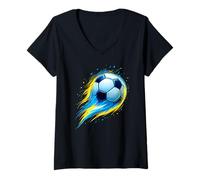 Femme Colorful Effect Tie Dye Ballon de Football Bleu/Blanc/Jaune T-Shirt avec Col en V