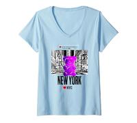 Femme Colorful New YorkCity Jelly Bear Bite Me Artwork Graphic T-Shirt avec Col en V